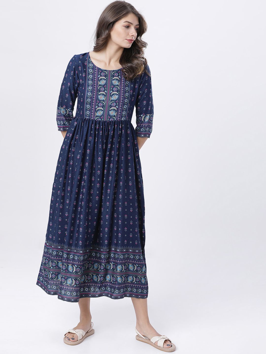 Vishudh Women Navy Blue & Green Printed A-Line Dress