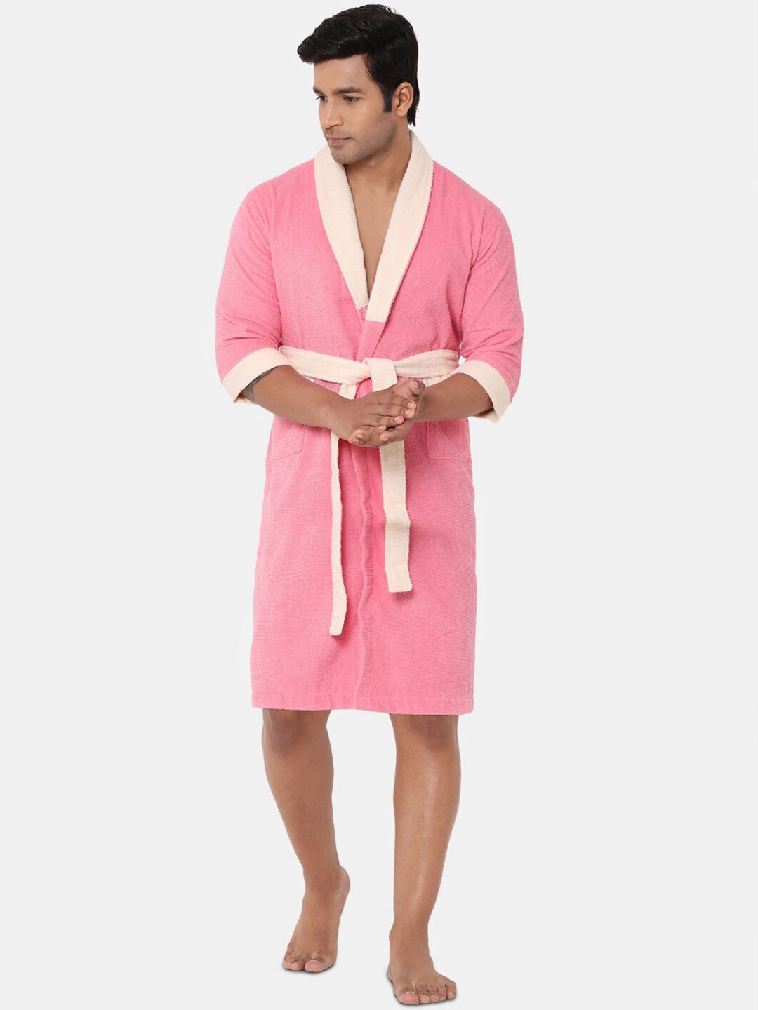 SPACES Unisex Pink Solid Cotton 300 GSM Bath Robe Price in India
