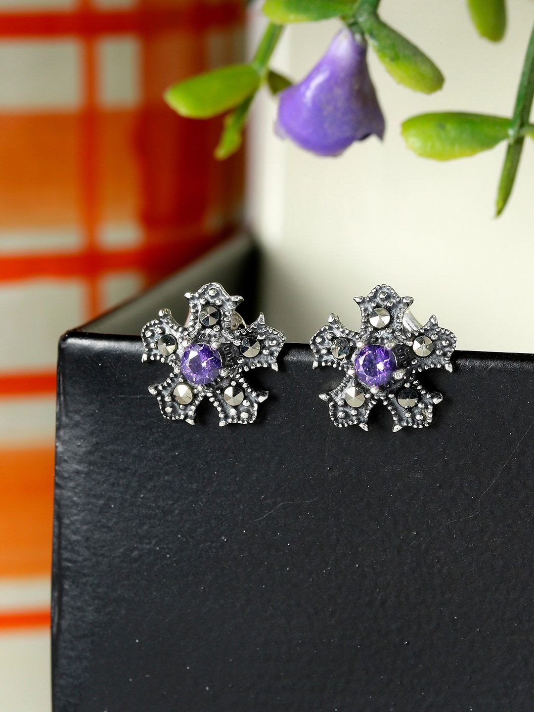 GIVA 925 Sterling Silver Silver-Toned & Purple Cubic Zirconia Stone Studded Floral Studs Price in India