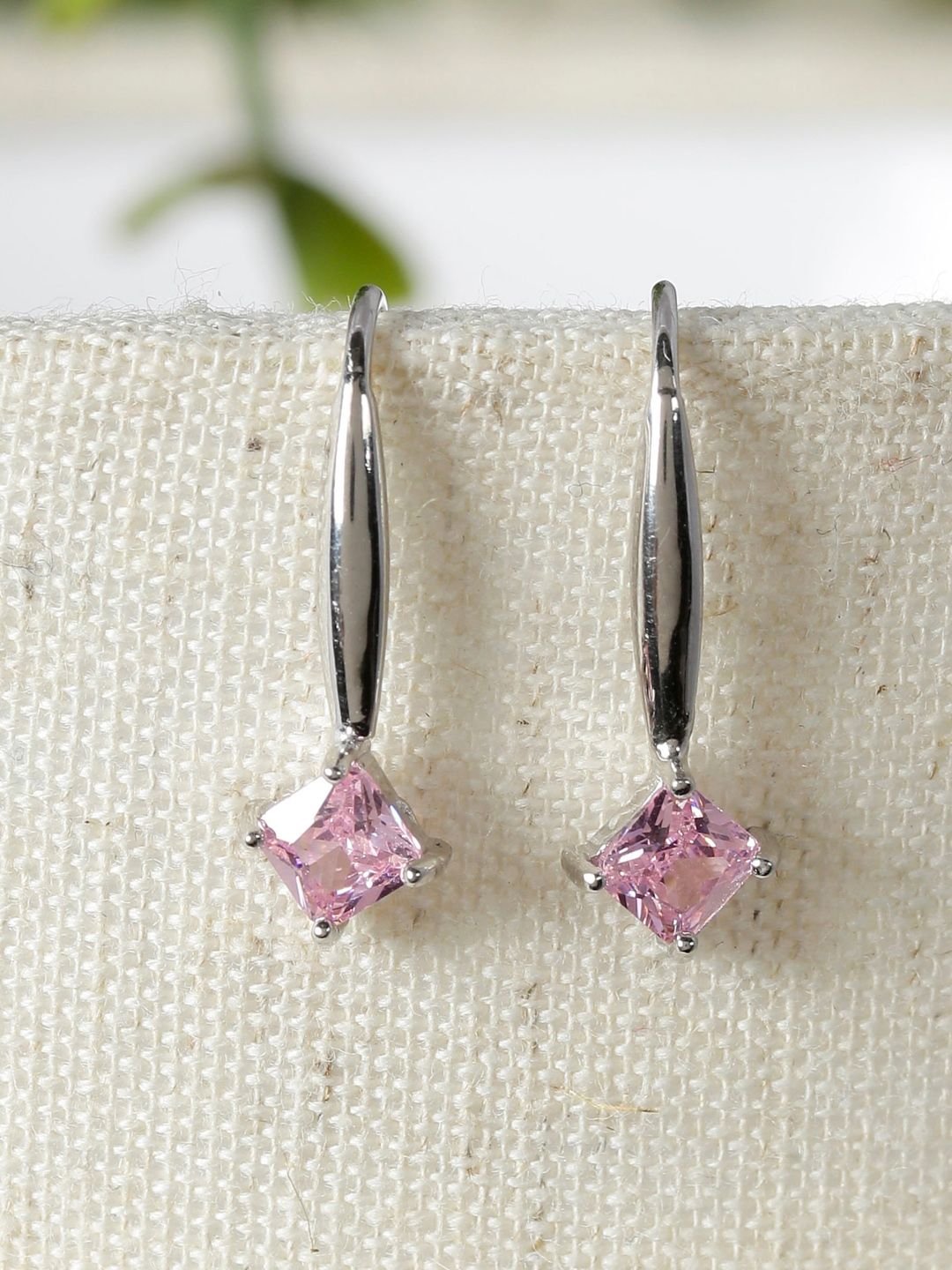 GIVA 925 Sterling Silver Silver-Toned & Pink Cubic Zirconia Stone Studded Rhodium-Plated Square Drop Earrings Price in India