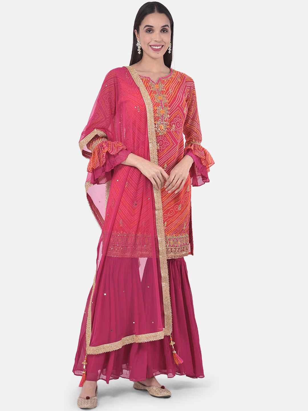 Neerus Women Magenta Pink & Orange Embroidered Kurta with Sharara & Dupatta