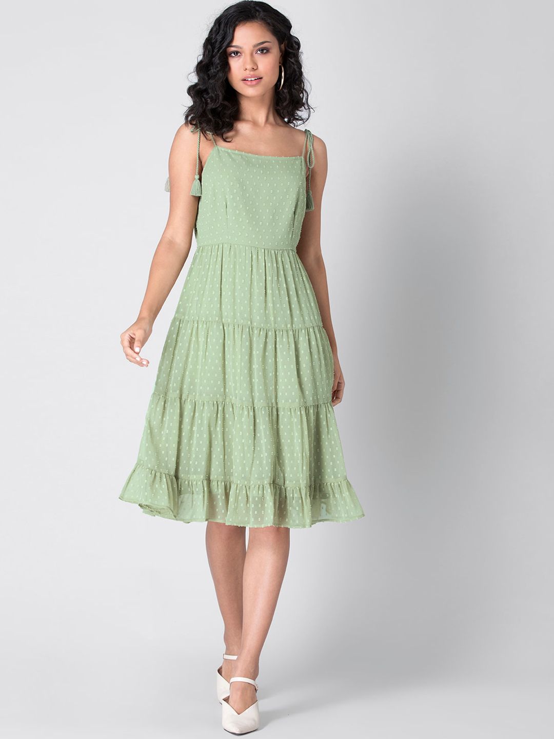 FabAlley Women Mint Green Dobby Weave Tiered A-Line Dress