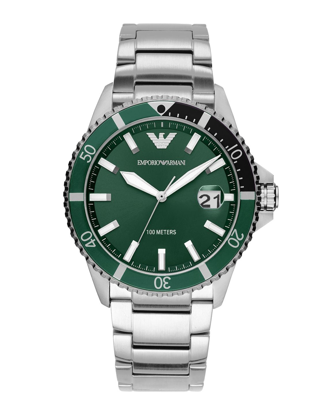 Emporio Armani Emporio Armani Men Green Dial & Silver Toned Stainless Steel Analogue Watch AR11338