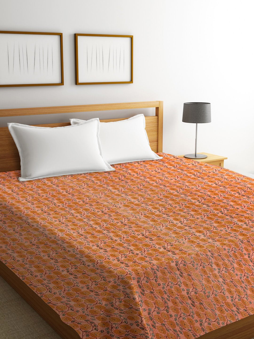 Rajasthan Decor Orange Floral Kantha Block Print Sustainable Cotton Double Bed Cover Price in India