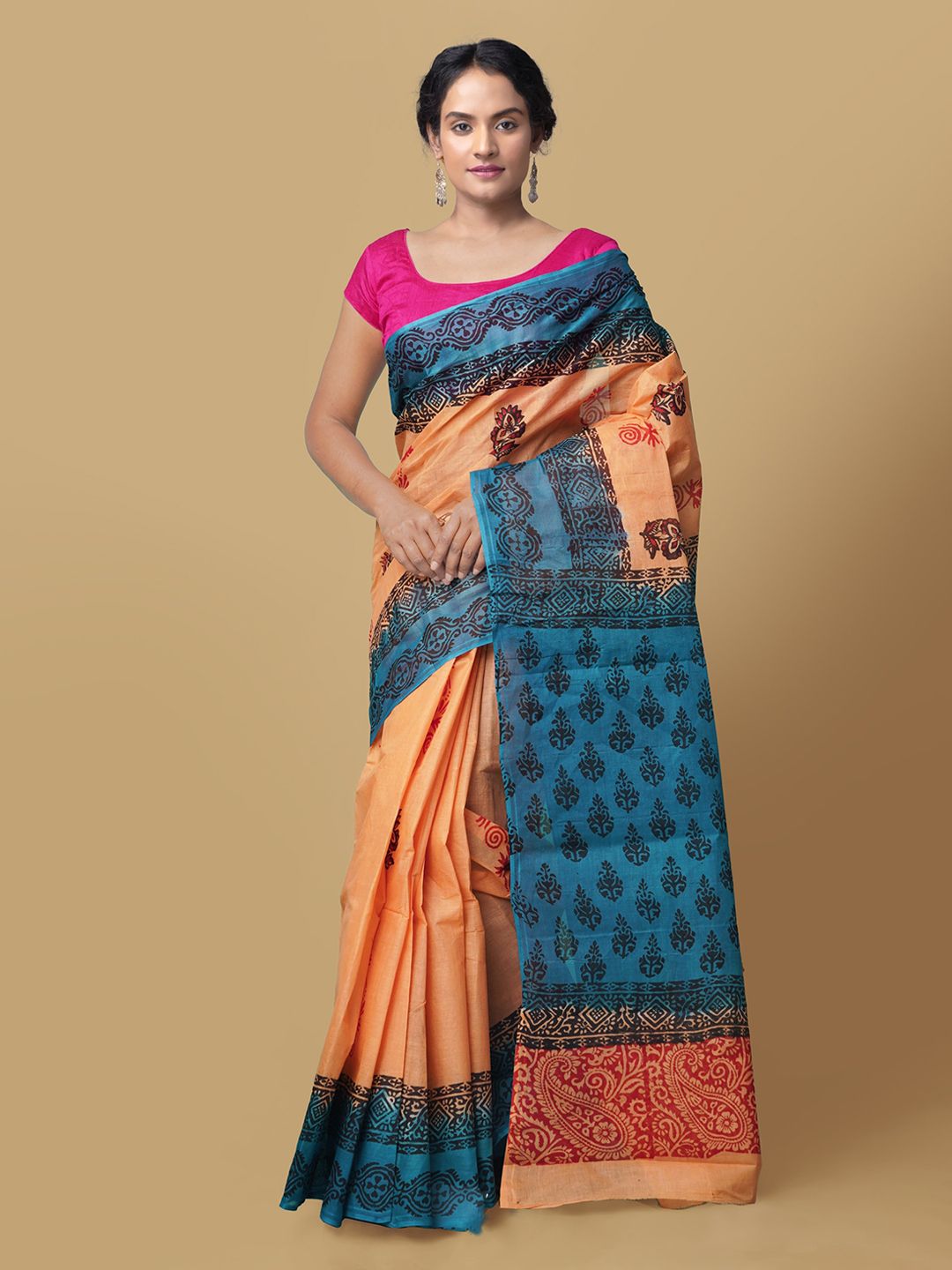 Unnati Silks Orange & Blue Pure Cotton Printed Patola Handloom Saree