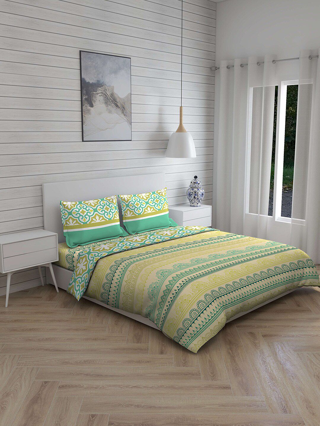 Rajasthan Decor Green & Yellow Ethnic Printed 144 TC Double King 100% Cotton Bedding Set Price in India