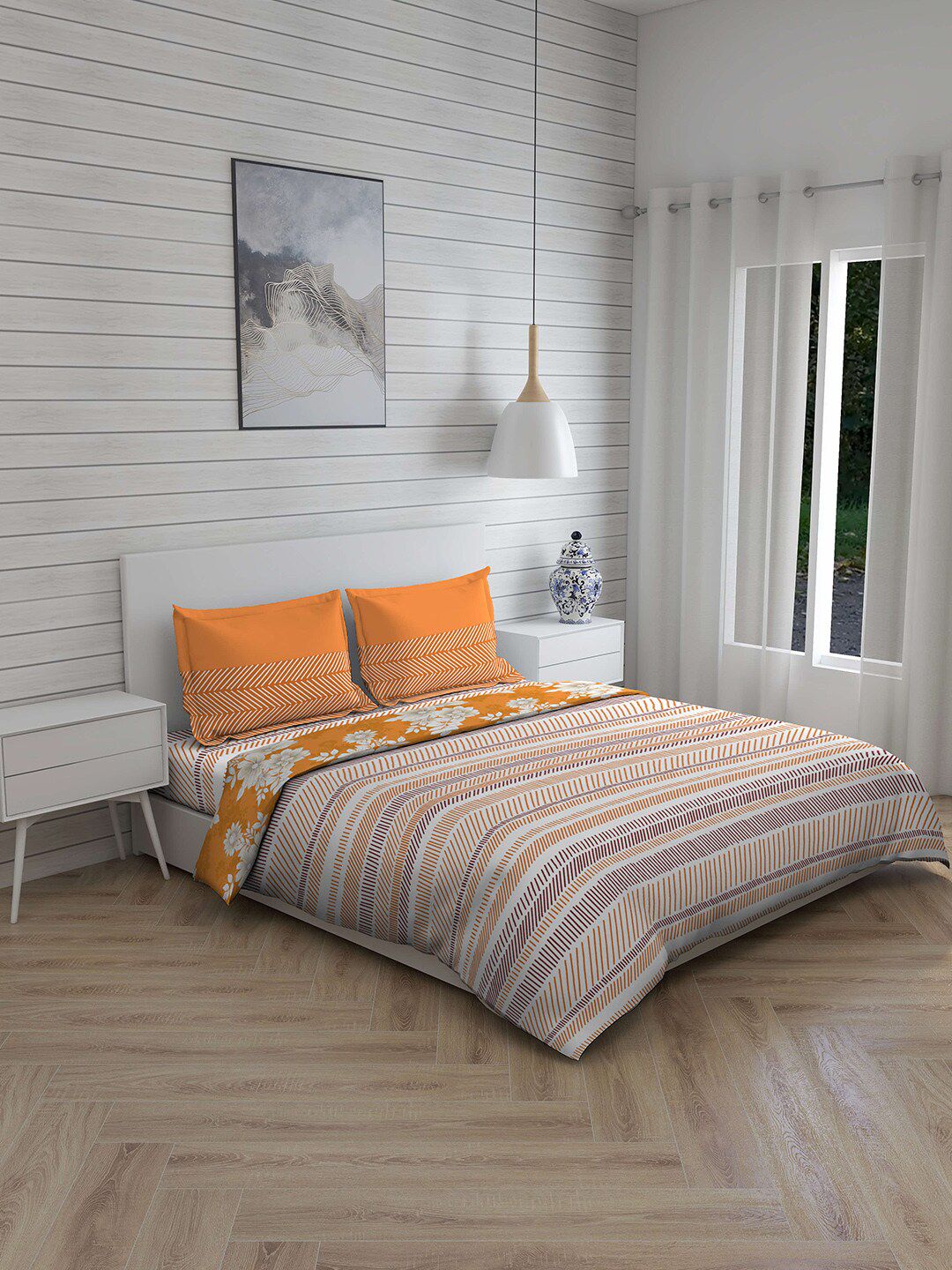 Layers Orange & Off White Geometric Printed 148 TC Double King Bedding Set Price in India