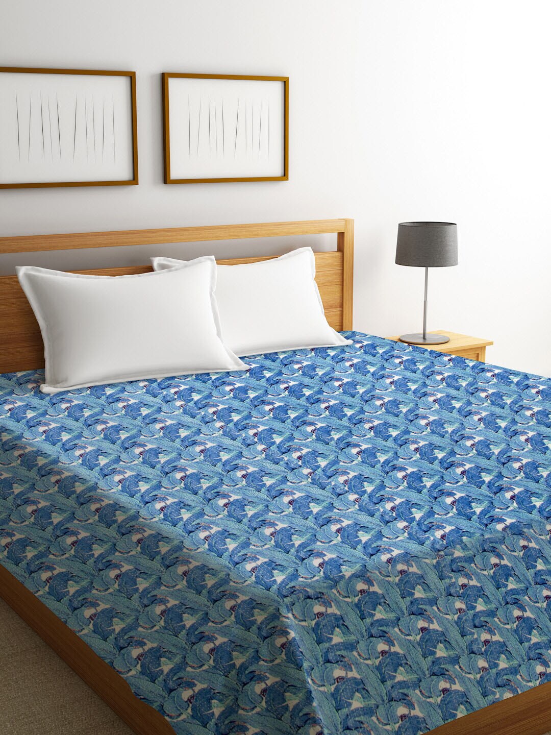 Rajasthan Decor Blue & White Jaipuri Kantha Printed Sustainable Cotton Double Bed Cover Price in India