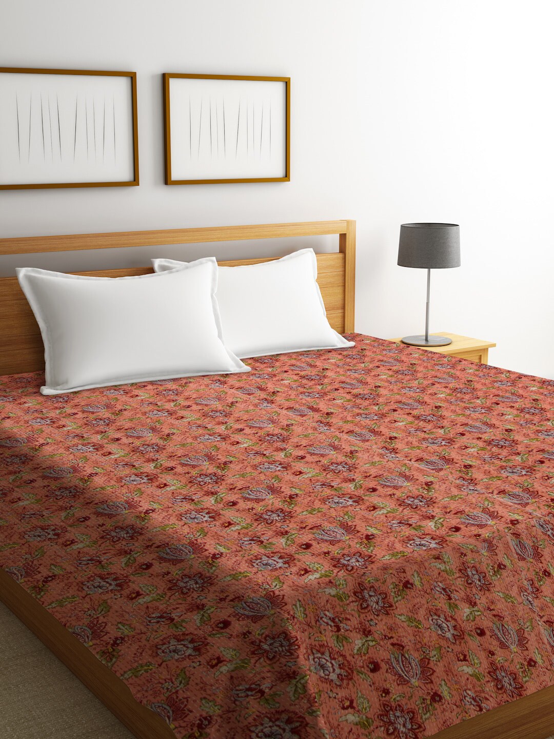 Rajasthan Decor Orange & Red Jaipuri Kantha Printed Sustainable Cotton Double Bed Cover Price in India