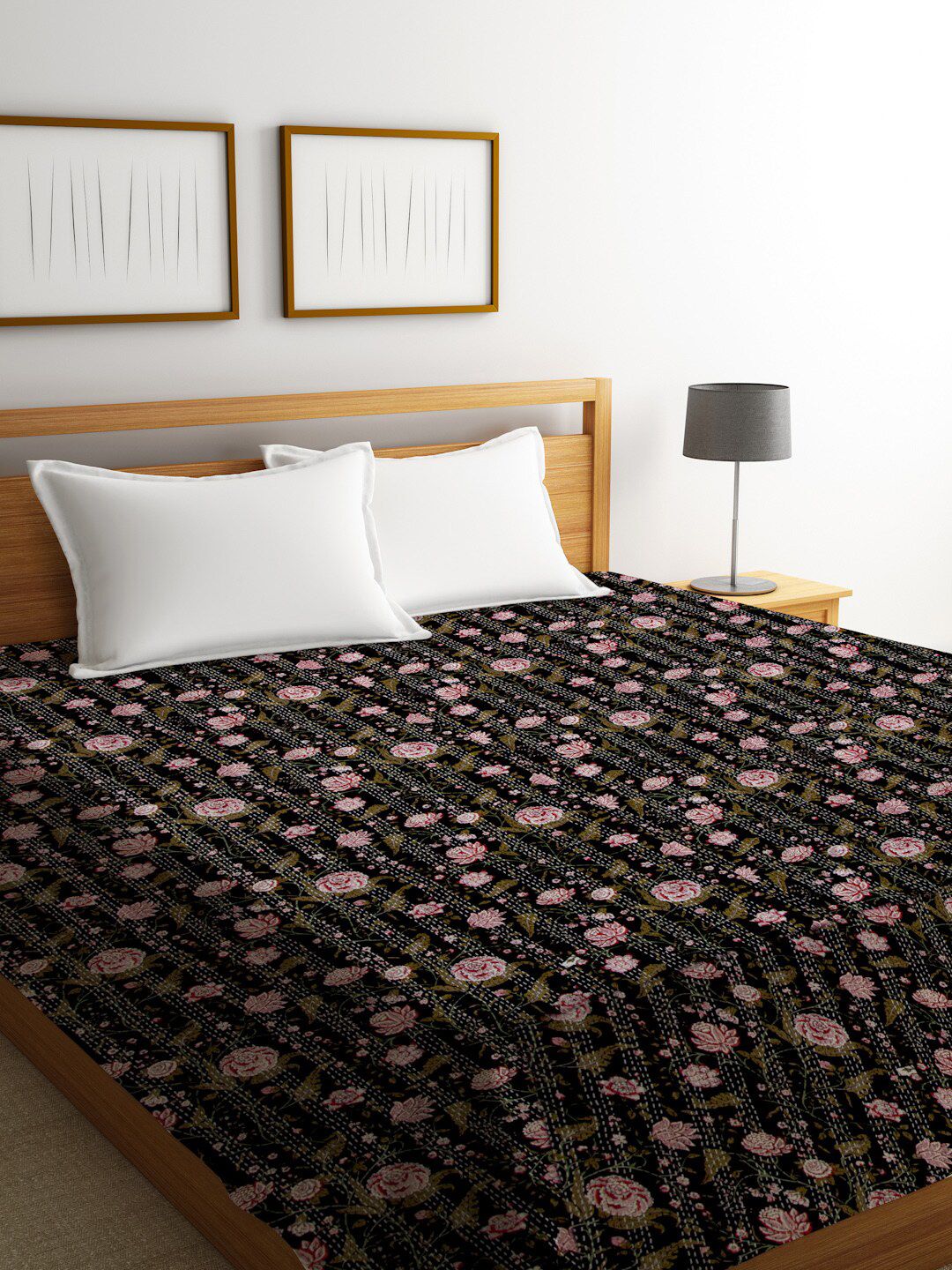 Rajasthan Decor Black & Pink Floral Block Print Jaipuri Kantha Cotton Double King Bed Cover Price in India