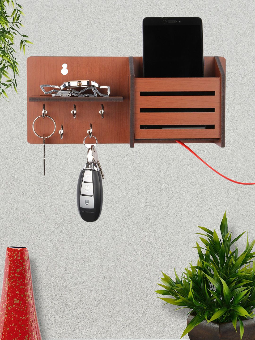 ROMEE Brown Wooden Key Holder With 1 Shelf & 1 Mobile Stand Holder Price in India