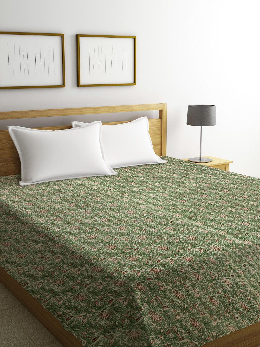 Rajasthan Decor Olive Green & Red Kantha Block Print Sustainable Cotton Double Bed Cover Price in India
