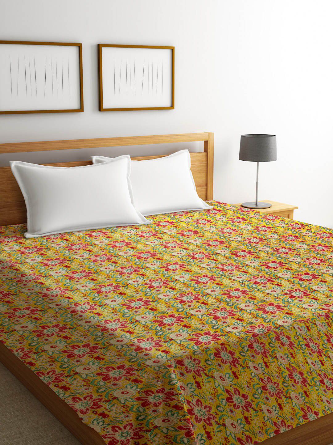Rajasthan Decor Yellow Floral Kantha Block Print Cotton Sustainable Double Bed Cover Price in India