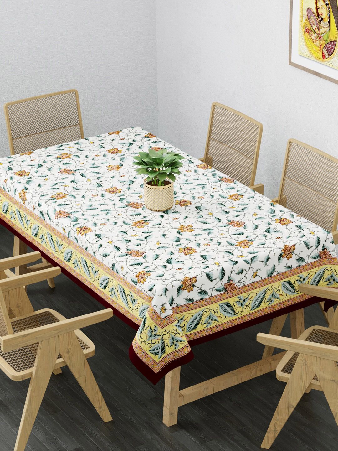 Clasiko White & Yellow Floral Printed Pure Cotton 6-Seater Rectangle Table Cloth Price in India