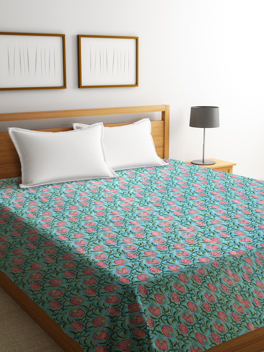 Rajasthan Blue & Pink Floral Kantha Block Printed Sustainable Cotton Double Bed Cover Price in India
