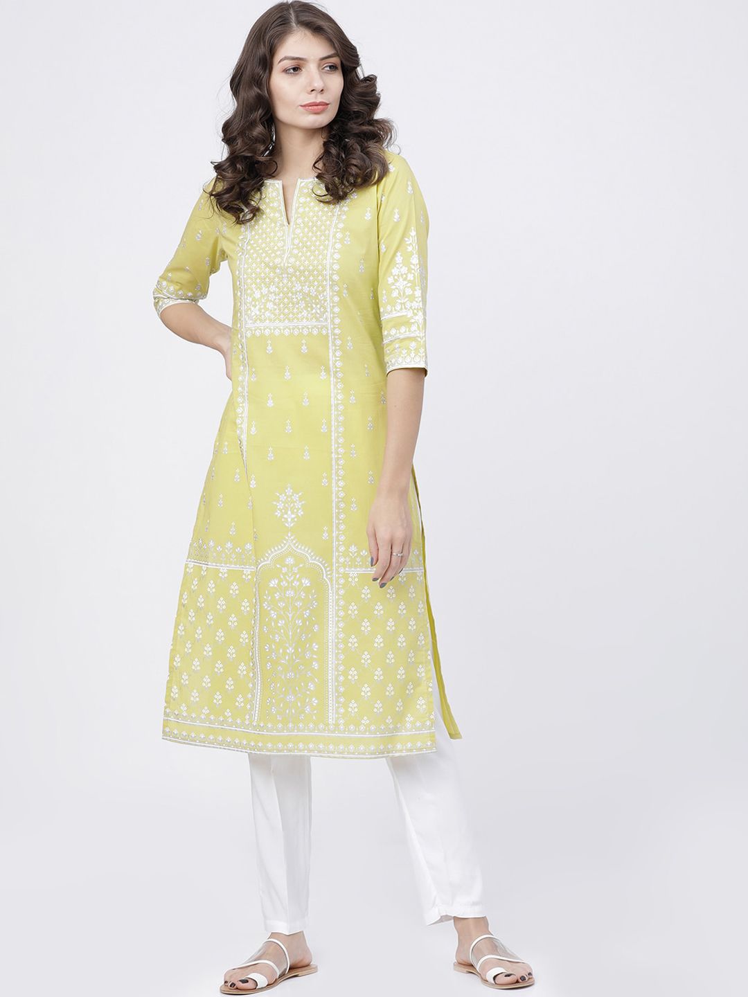 Vishudh Women Yellow & White Geometric Kurta Price in India
