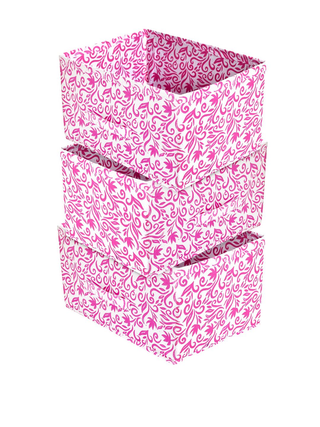 Kuber Industries Set of 3 Pink & White Leaf Print Non Woven Fabric Modular Closet Organizer Box with Handle Price in India