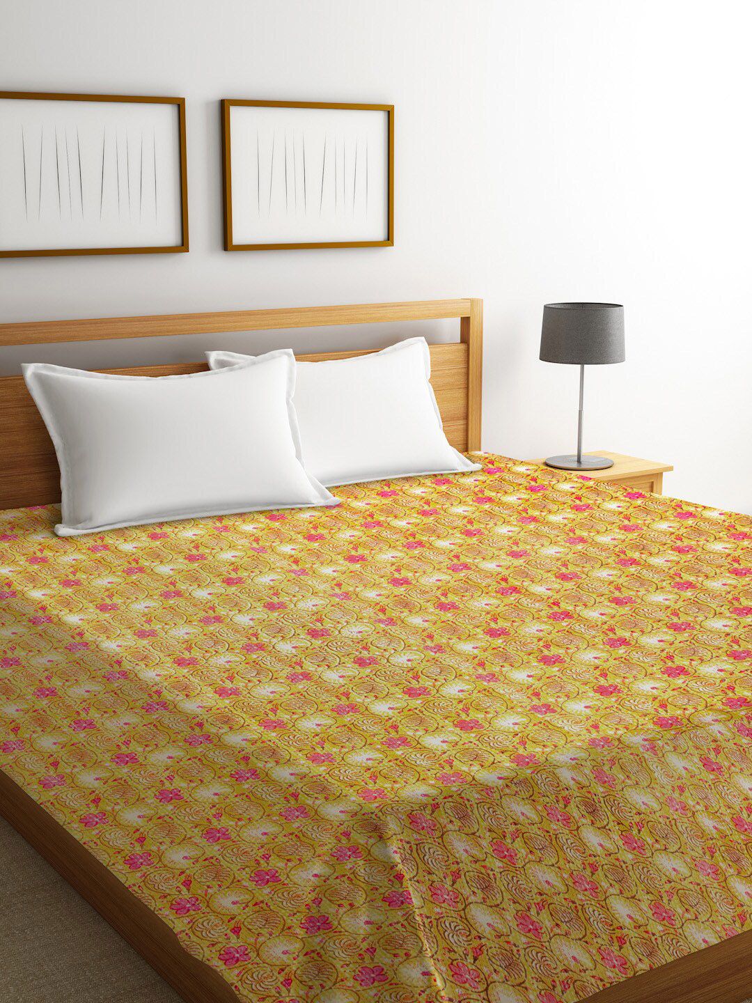 Rajasthan Decor Yellow & Pink  Jaipuri Kantha Floral Printed Sustainable Cotton Bed Cover Price in India