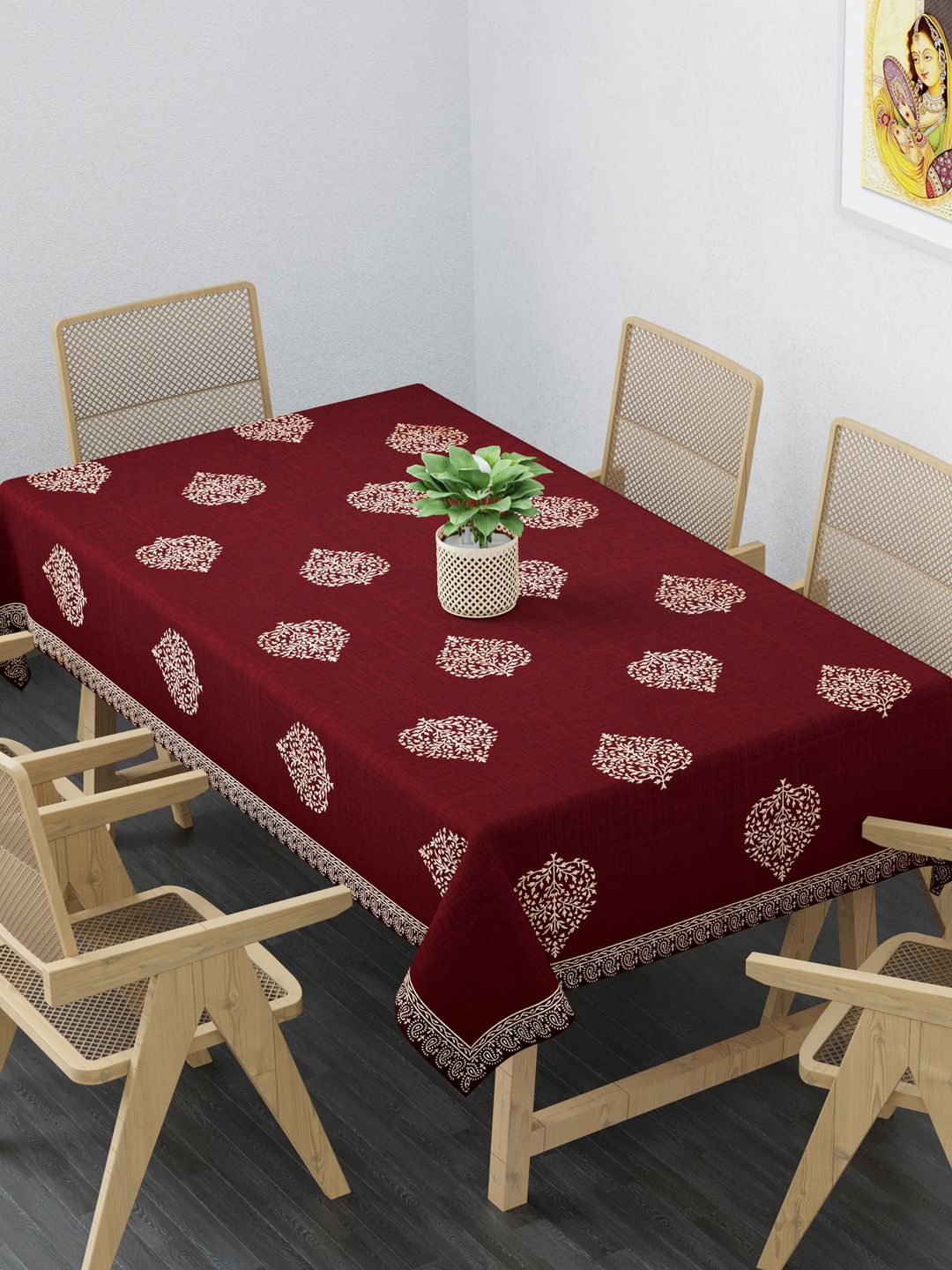 Clasiko Maroon & White Printed Pure Cotton 6-Seater Rectangle Table Cloth Price in India
