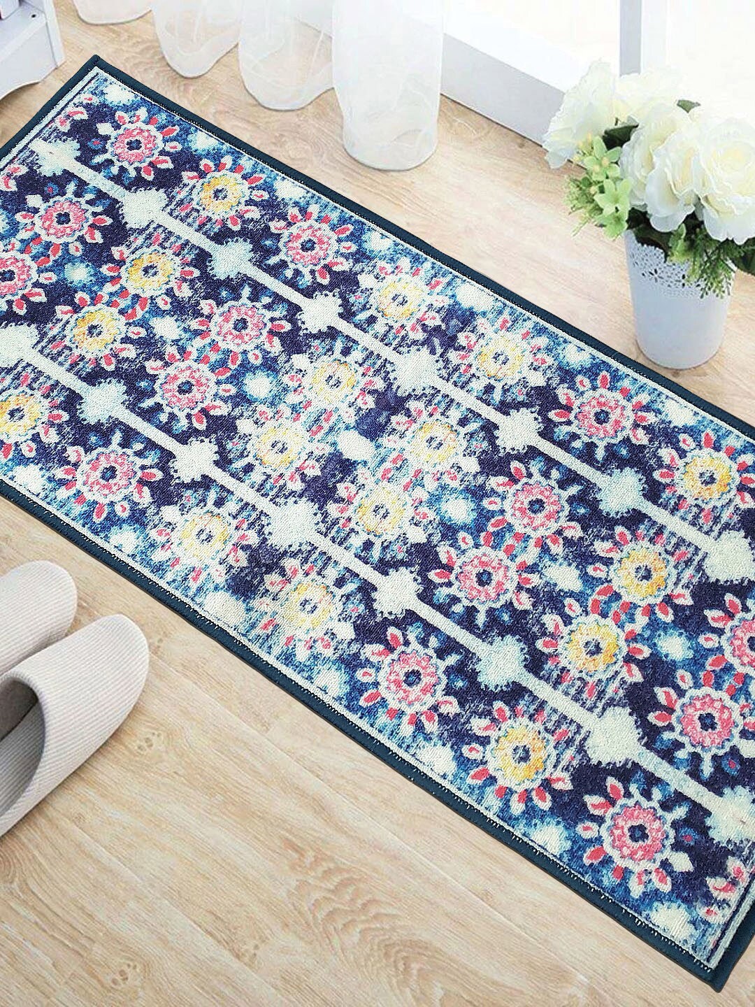 Status Blue & White Abstract Printed Floor Runner Price in India