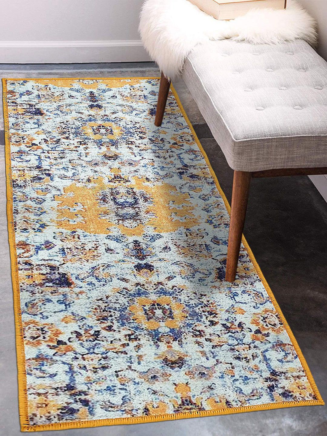 Status White & Mustard Yellow Abstract Patterned Floor Runner Price in India