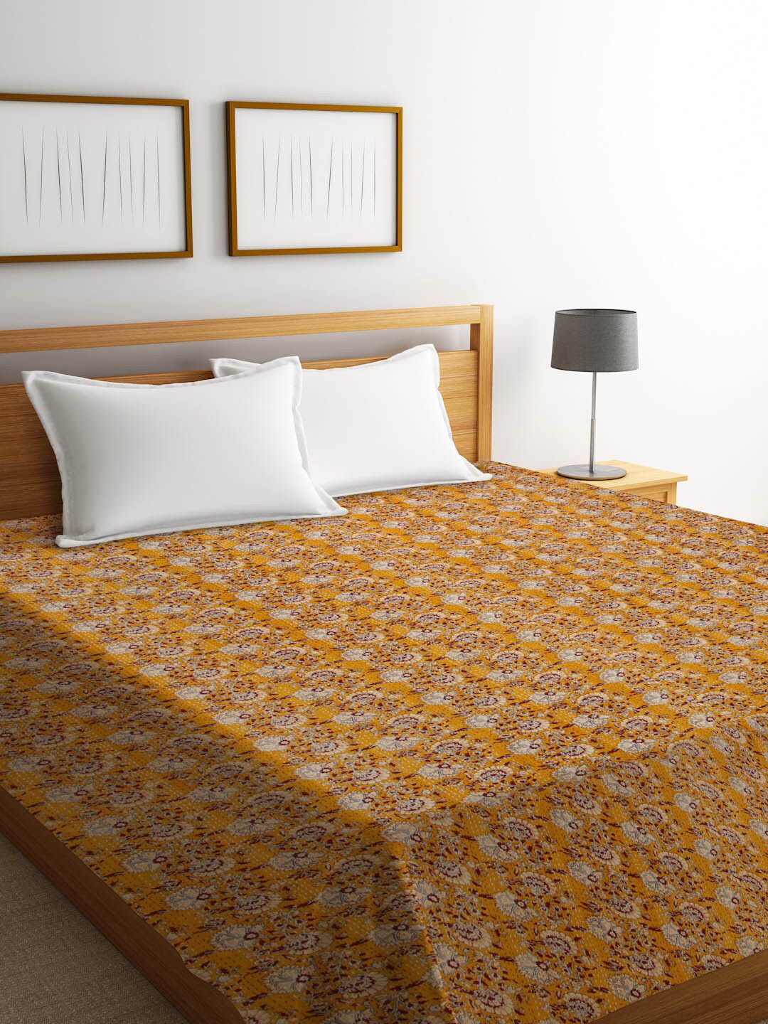 Rajasthan Decor Mustard Floral Jaipuri Kantha Printed Sustainable Cotton Double Bed Cover Price in India