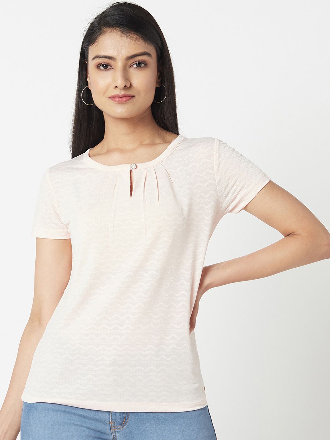 Miss Grace Pink Keyhole Neck Cotton Regular Top