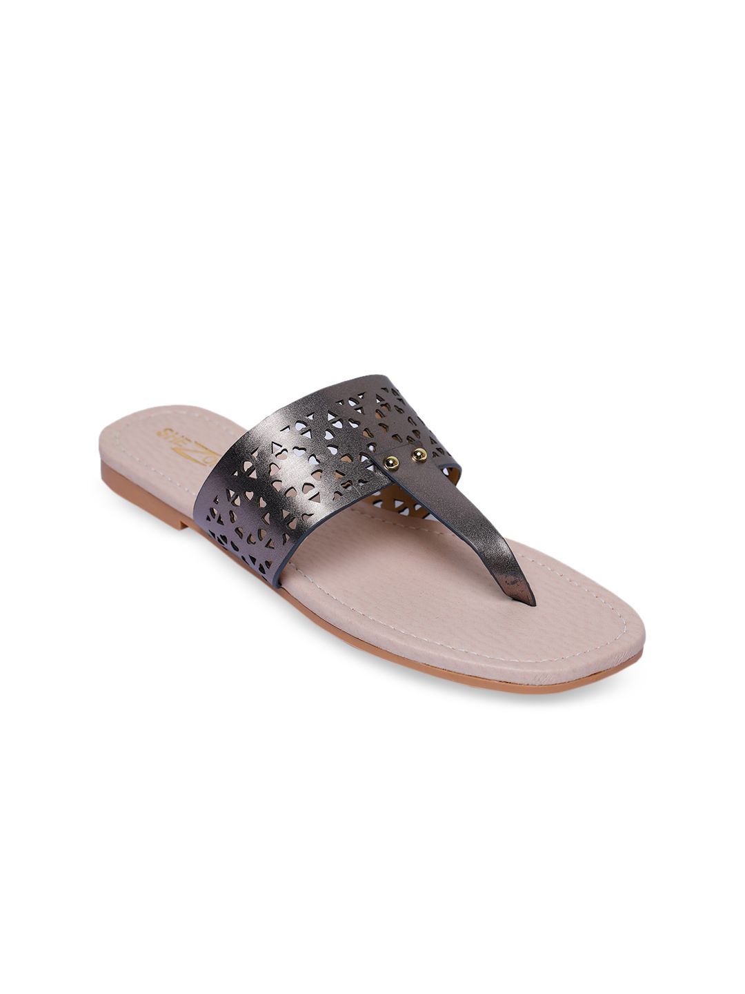 Shezone Women Grey Perforated T-strap Flats Price in India