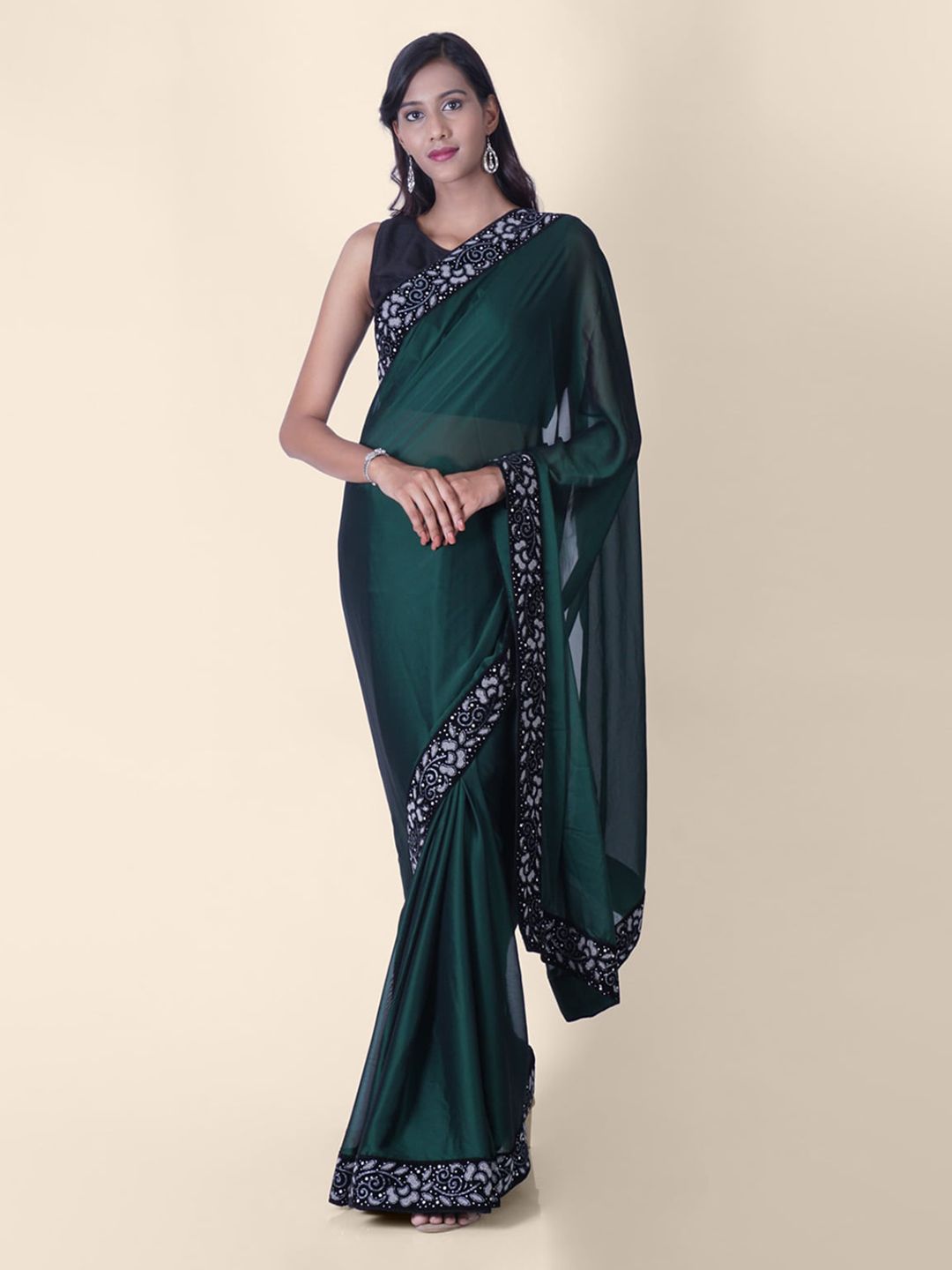 Hastakala Green Poly Crepe Embellished Handloom Banarasi Saree Price in India