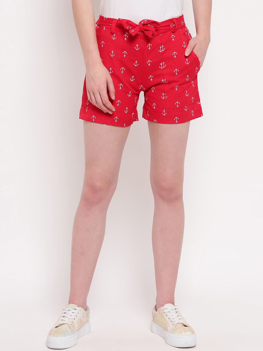 Aawari Women Red & White Printed Regular Fit Regular Shorts