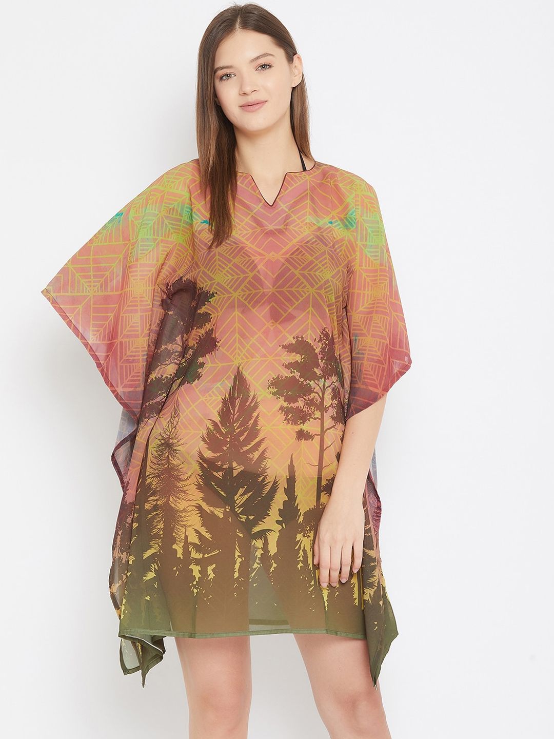 The Kaftan Company Women Brown & Green Printed Kaftan Cover-Up Dress Price in India