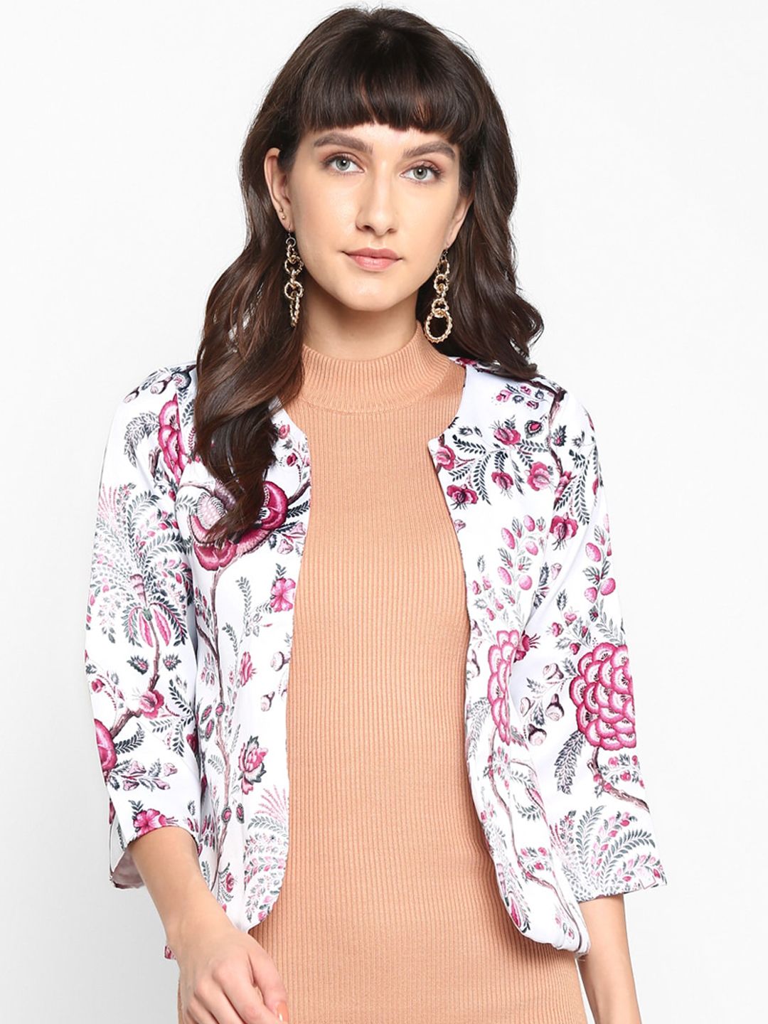 Hangup Women White & Pink Printed Lightweight Jacquard Open Front Jacket Price in India