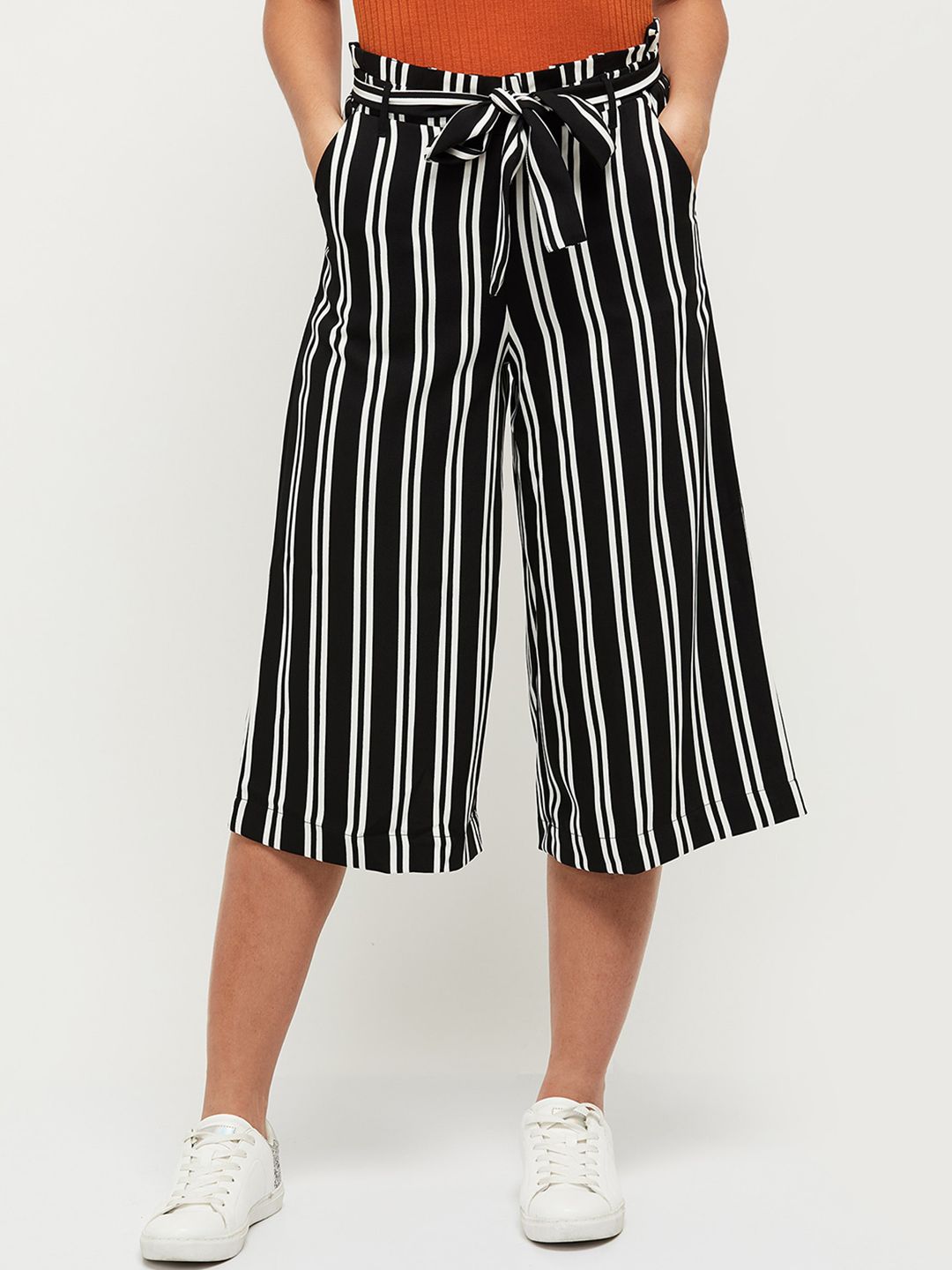 max Women Black & White Slim Fit Striped Culottes