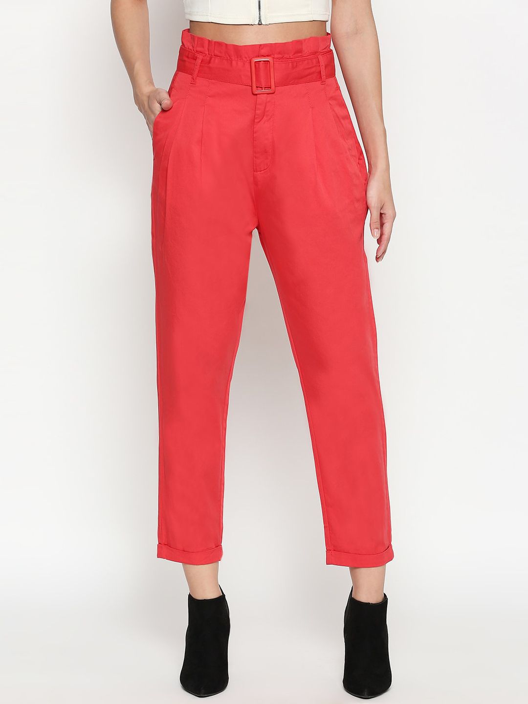 People Women Red Regular Fit Solid Pure Cotton Regular Trousers Price in India