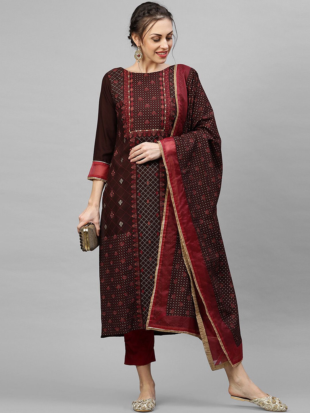 Indo Era Women Maroon Ethnic Motifs Printed Kurta with Palazzos & With Dupatta Price in India