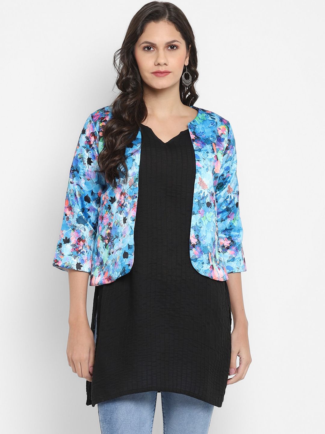 Hangup Women Blue & Pink Printed Lightweight Jacquard Open Front Jacket Price in India