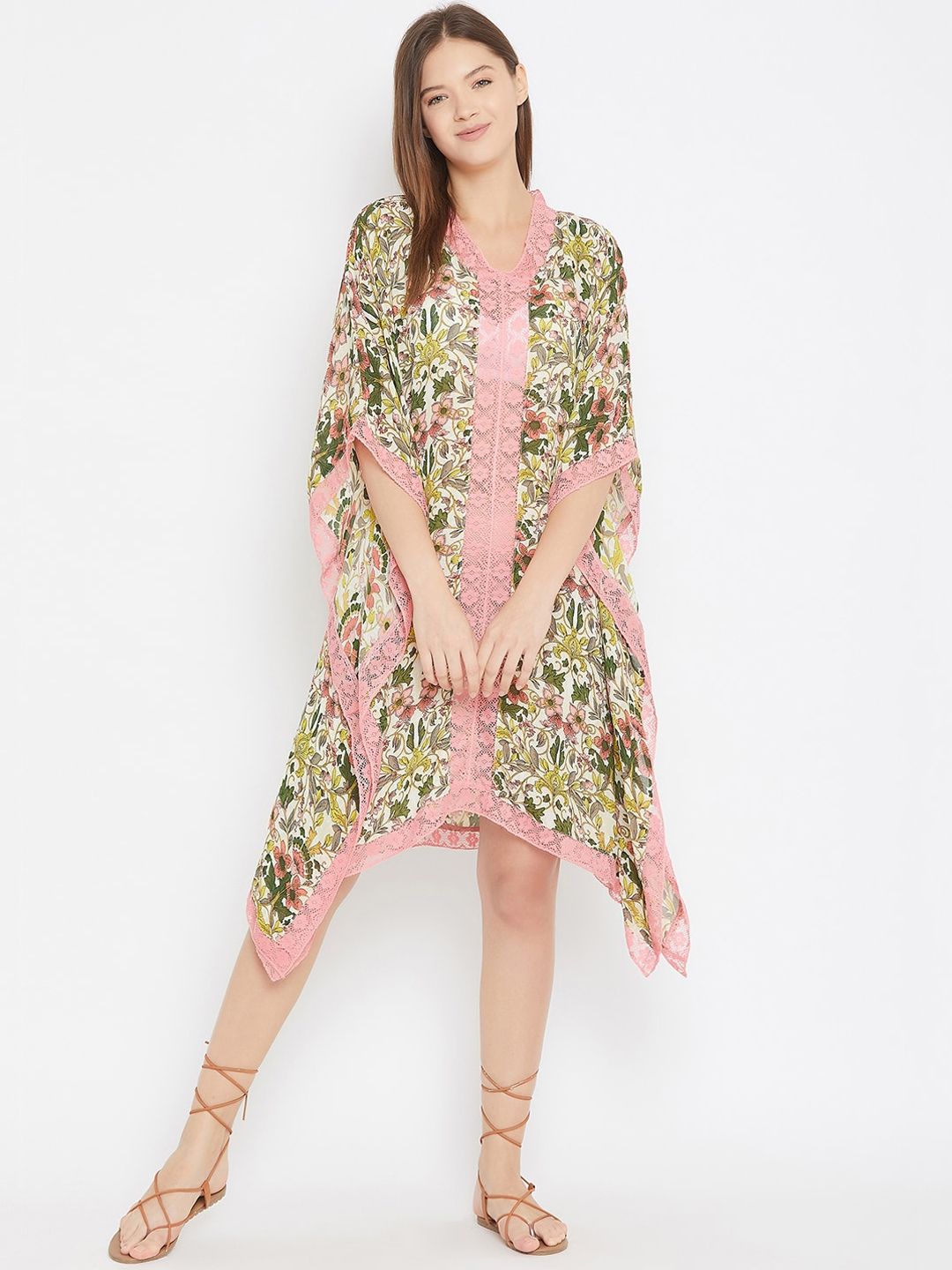 The Kaftan Company Women Cream-Coloured & Green Floral Printed Kaftan Cover-Up Dress Price in India
