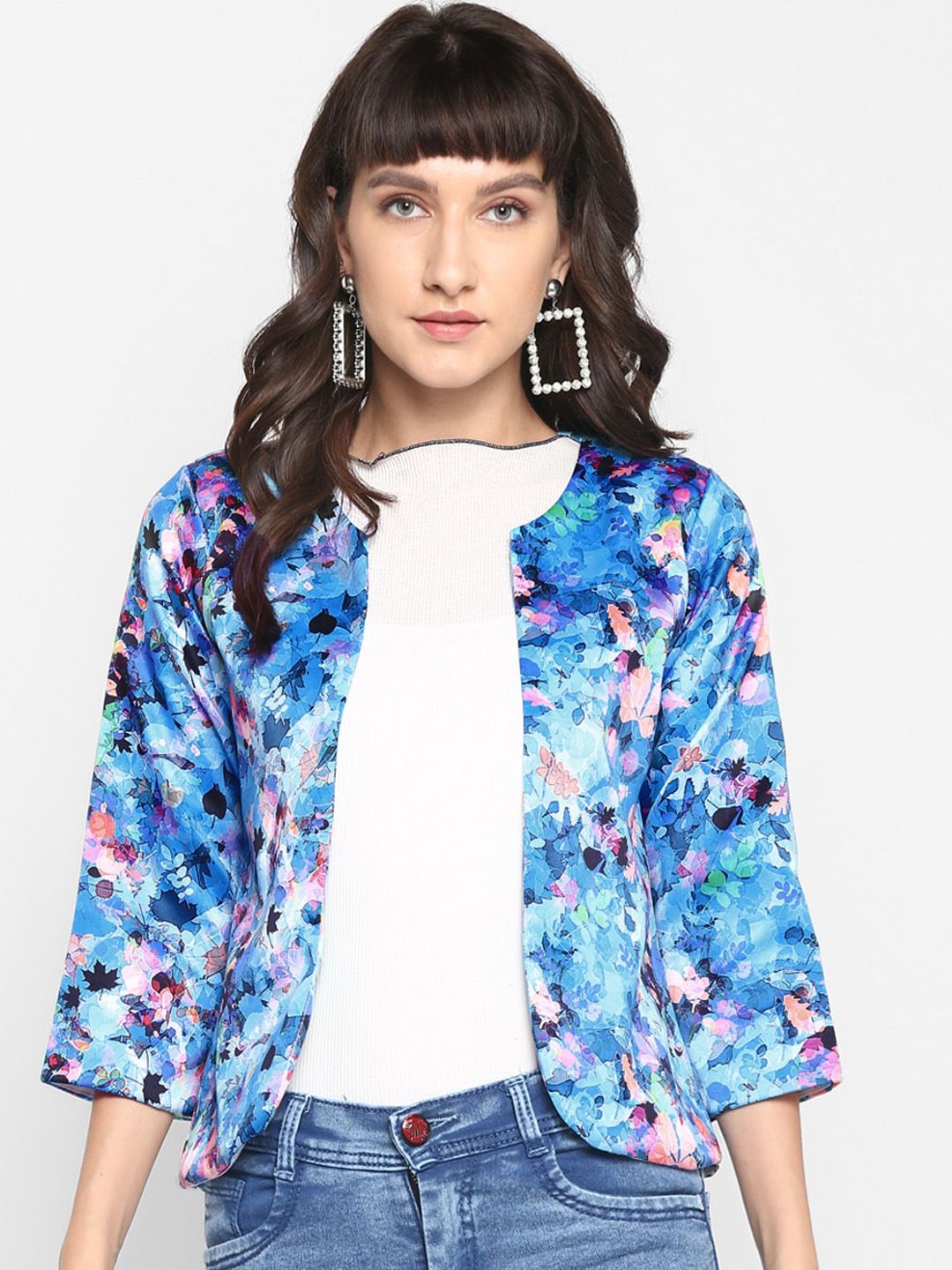 Hangup Women Blue & Pink Printed Lightweight Jacquard Open Front Jacket Price in India