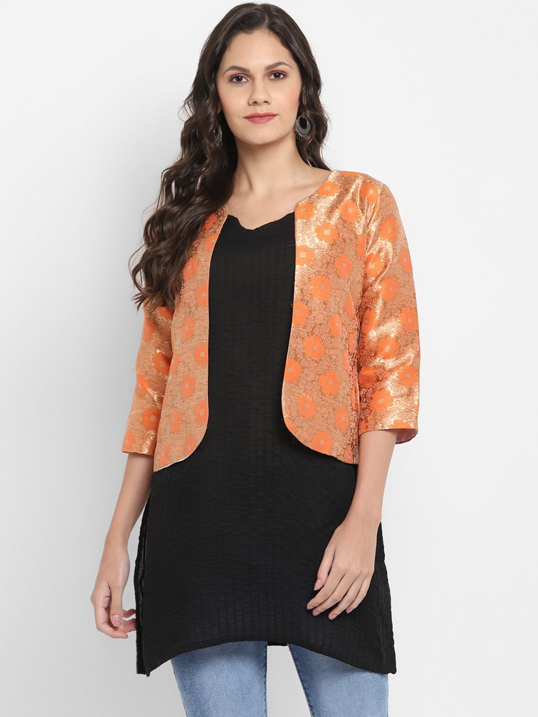 Hangup Women Orange Self Design Lightweight Jacquard Open Front Jacket Price in India