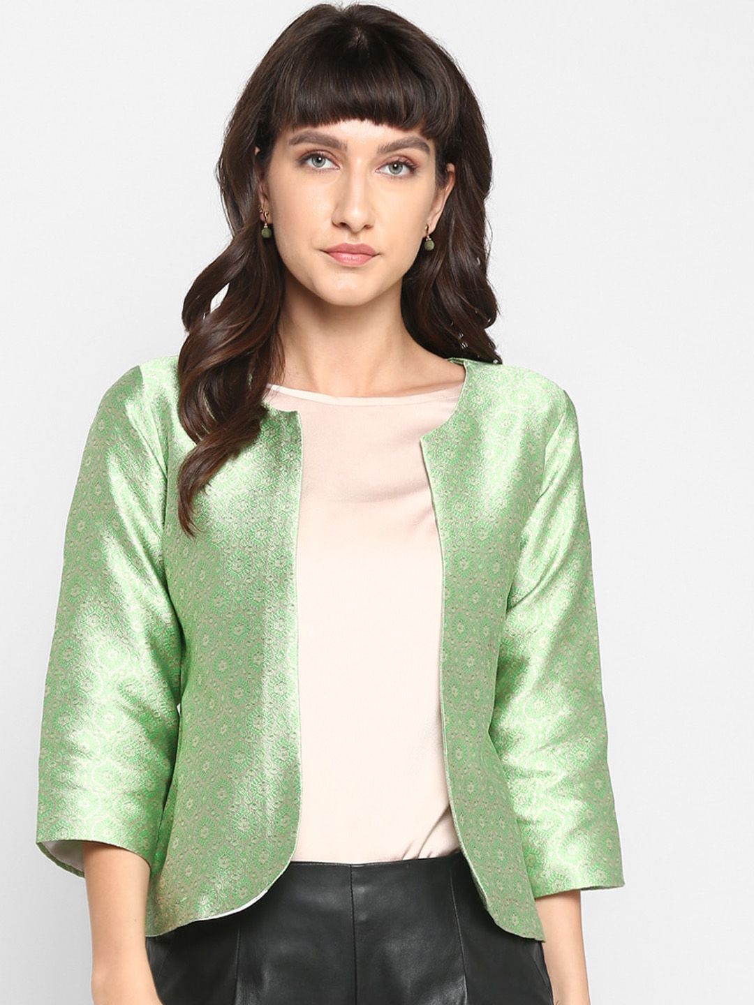 Hangup Women Green Self Design Lightweight Jacquard Open Front Jacket Price in India