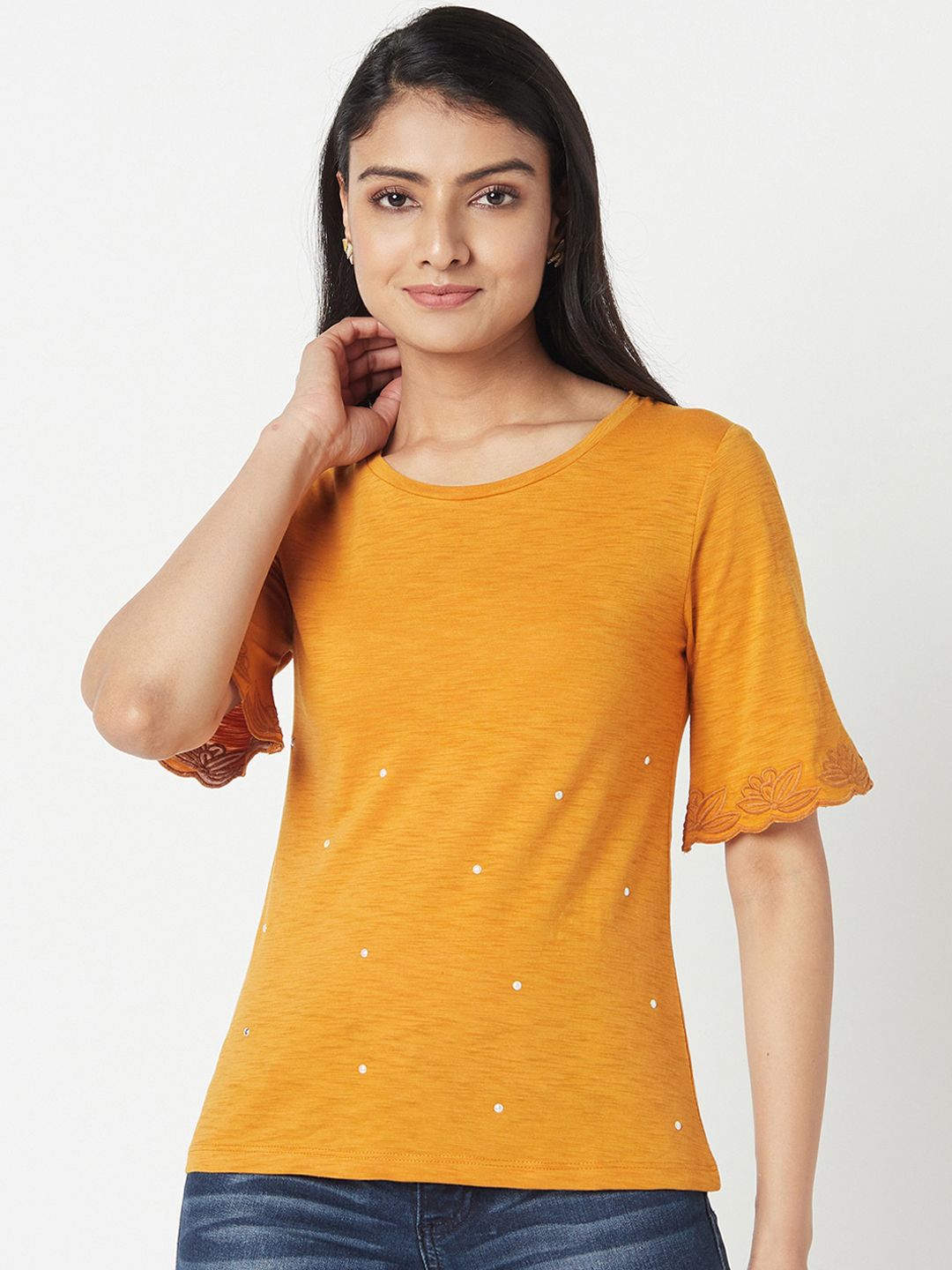 Miss Grace Mustard Yellow Embellished Cotton Regular Top