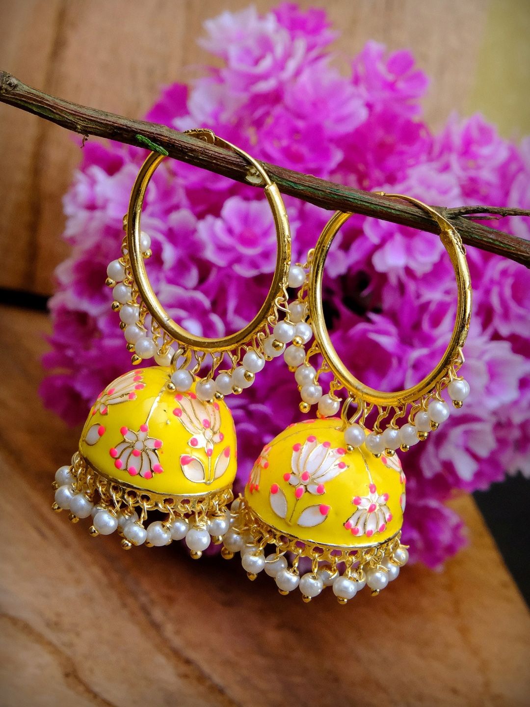 Crunchy Fashion Yellow & Gold Plated Meenakari Hoop Jhumkas Price in India