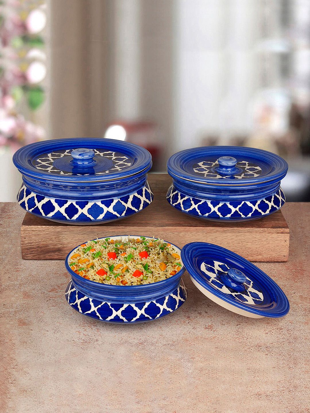 StyleMyWay Set Of 3 Blue & White Hand-Painted Ceramic Handi With Lids Price in India