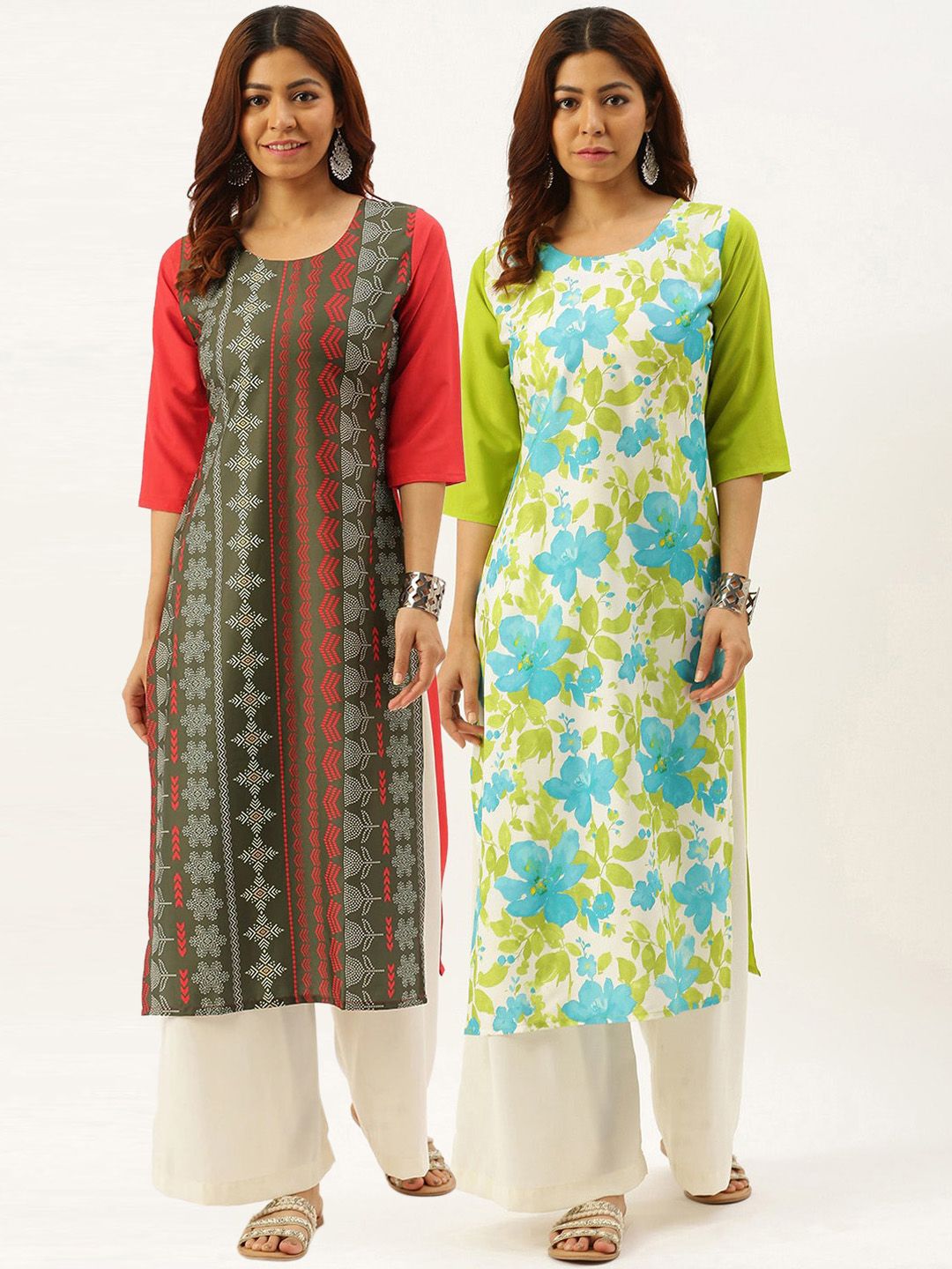 7Threads Women Pack of 2 Multicoloured Ethnic Motifs Printed Crepe Kurta