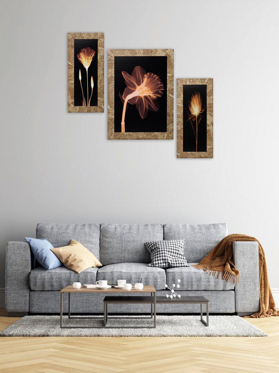 Indianara Set of 3 Black & Peach-Coloured Floral Framed Wall Paintings without Glass Price in India