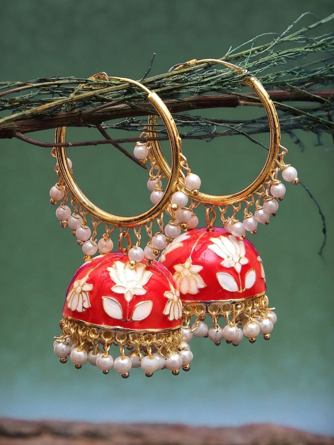 Crunchy Fashion Red & White Gold Plated Meenakari Hoop Jhumkas Price in India