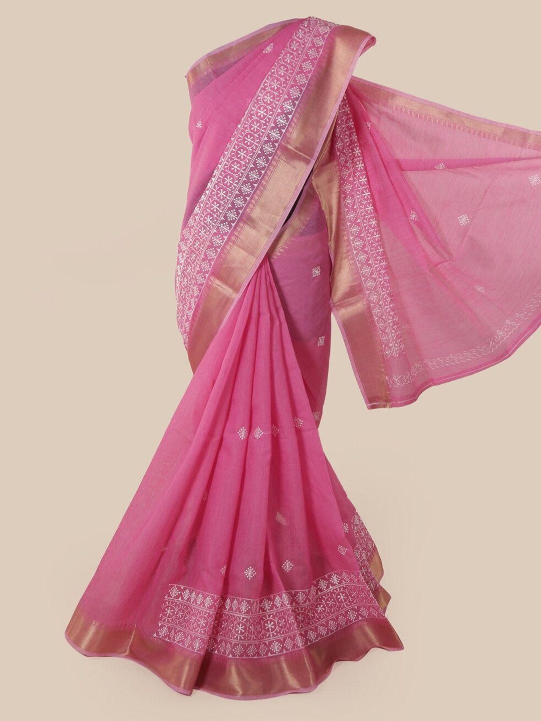 Pothys Pink Cotton Blend Embellished Chanderi Saree