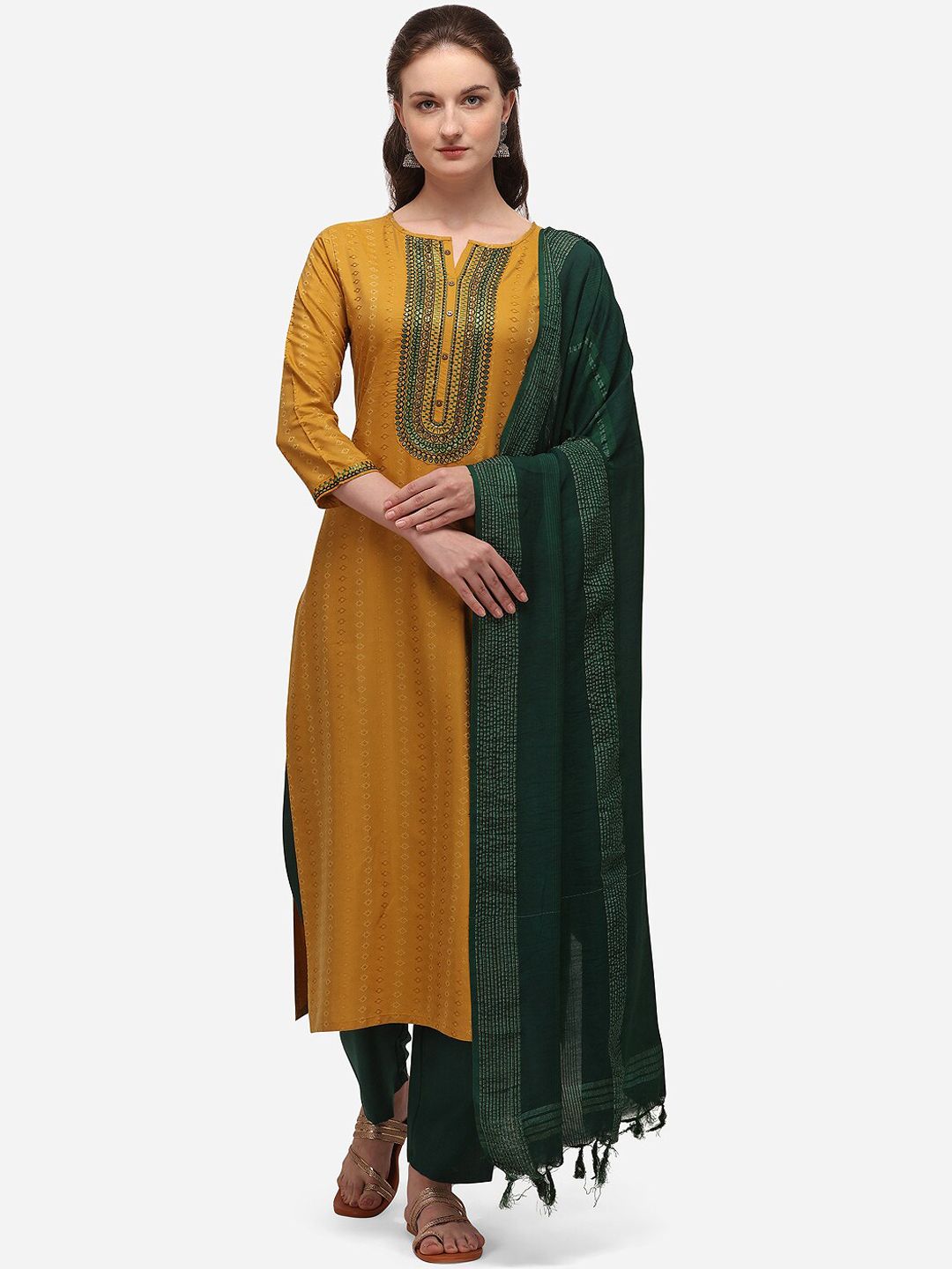 SheWill Women Mustard & Green Woven Design Kurta with Churidar & Dupatta Price in India