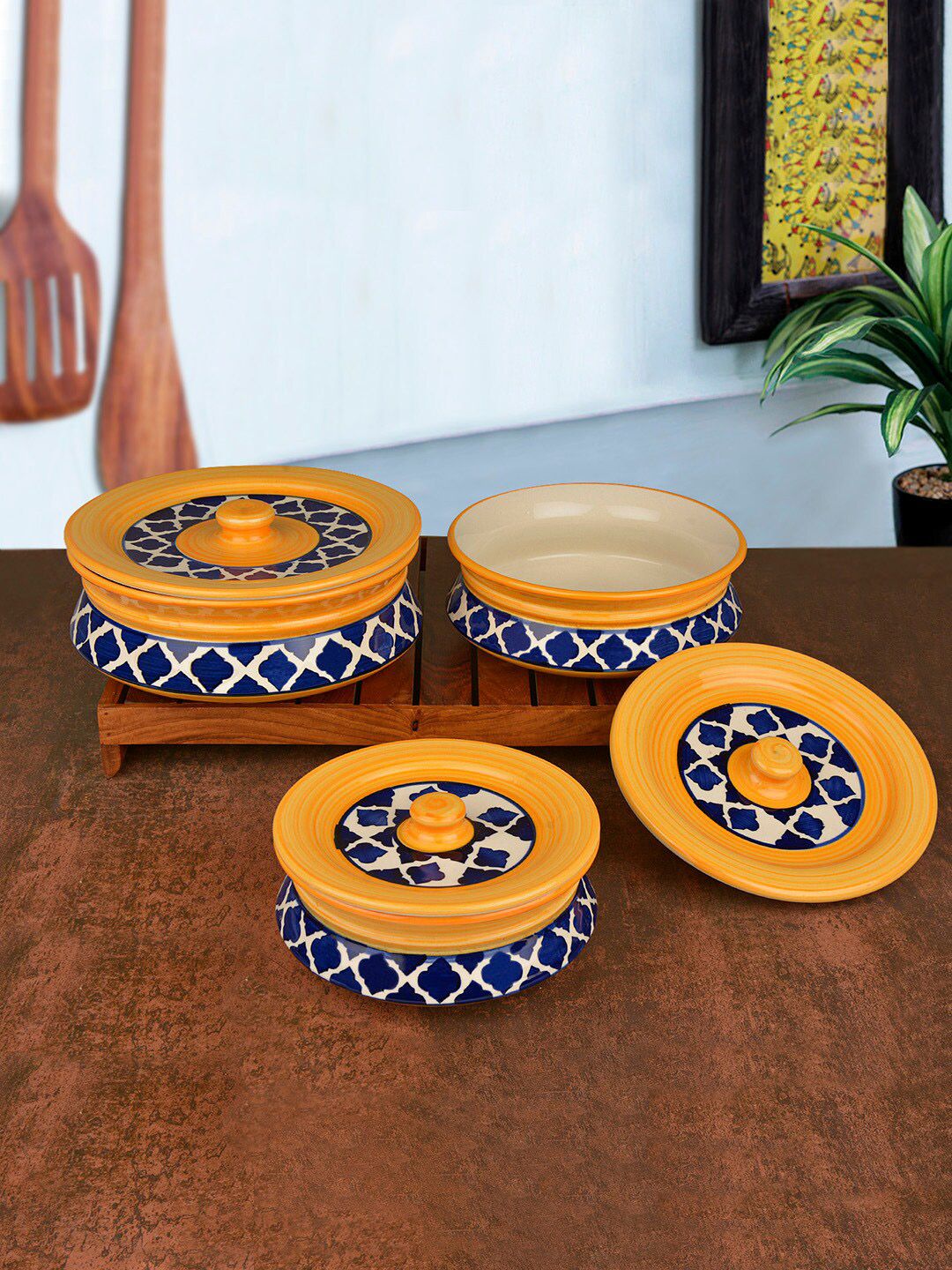 StyleMyWay Set Of 3 Blue & Yellow Hand-Painted Ceramic Handi with Lid Price in India