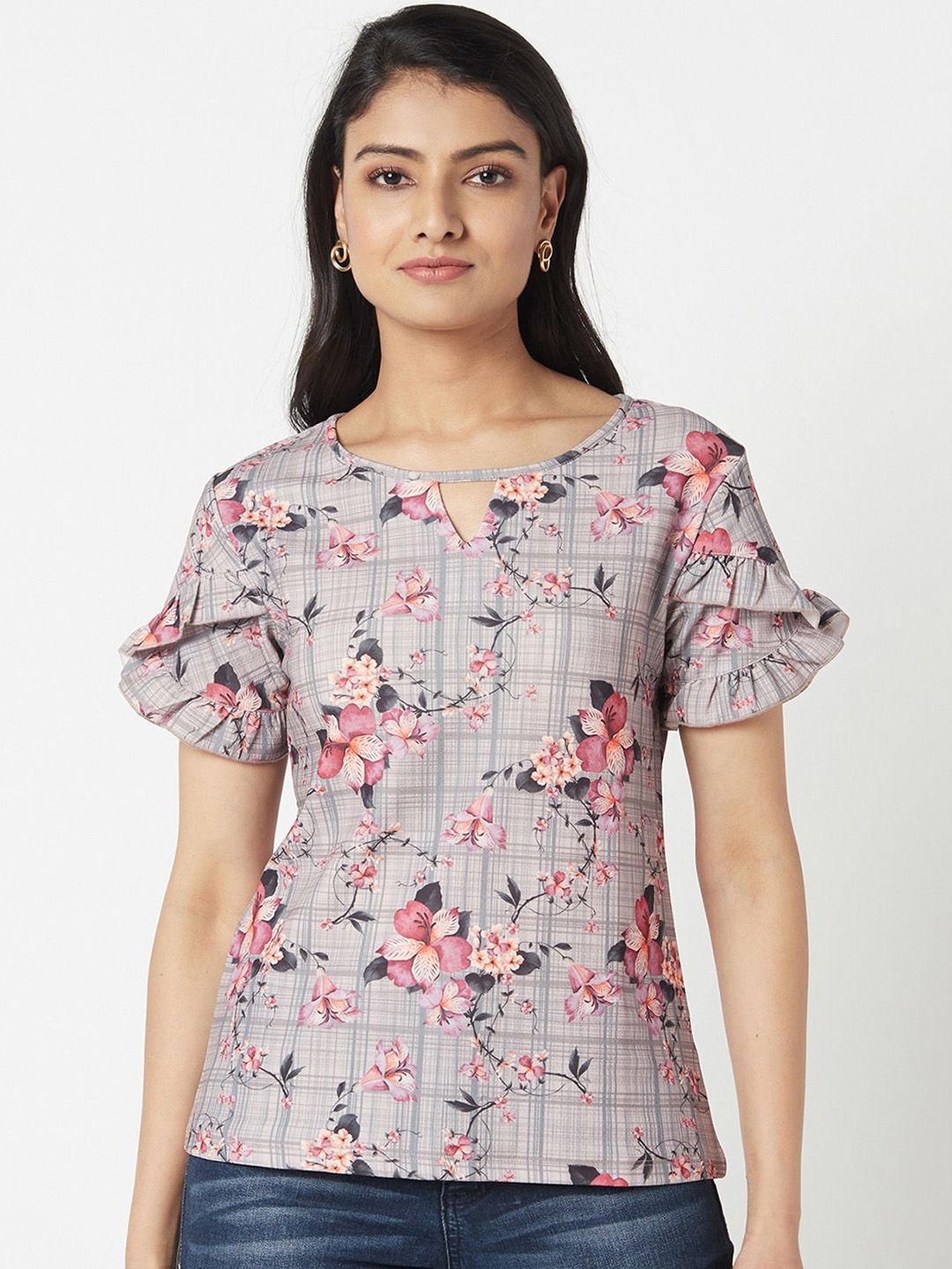 Miss Grace Grey & Pink Floral Keyhole Neck Cotton Regular Top